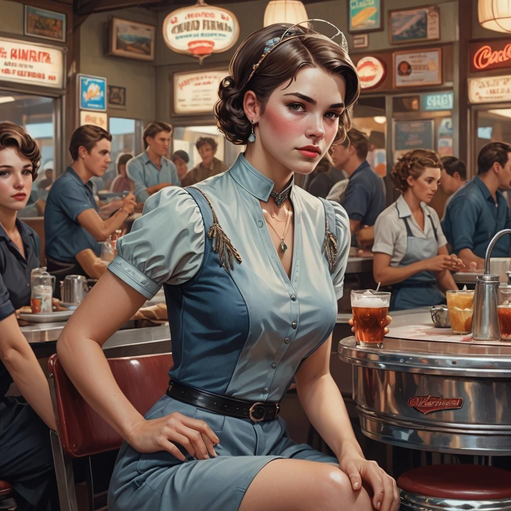 Amish Woman Portrait in 50s Diner, Hyperdetailed Art