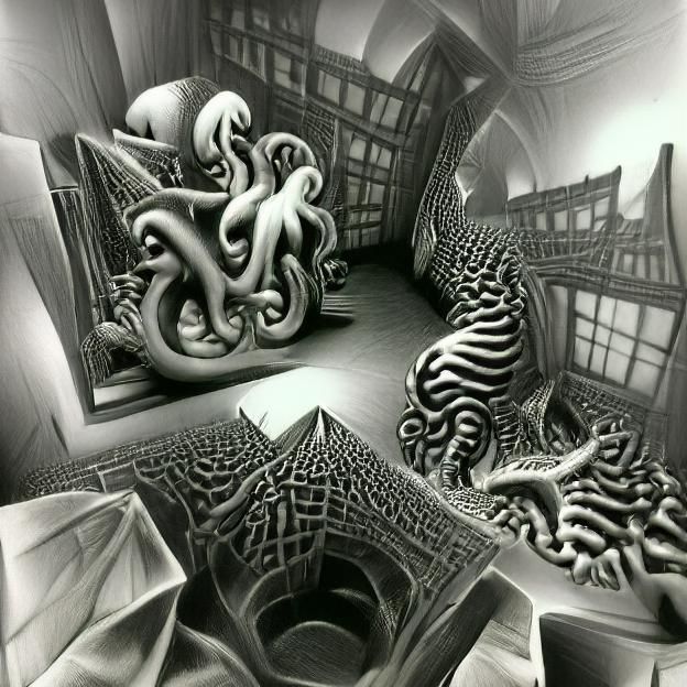 Surreal Tentacle Maze in Grayscale
