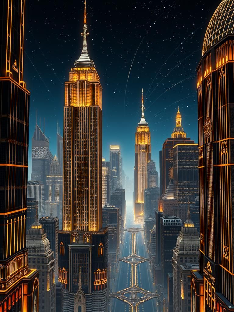 Futuristic Art Deco Metropolis in Gold and Black