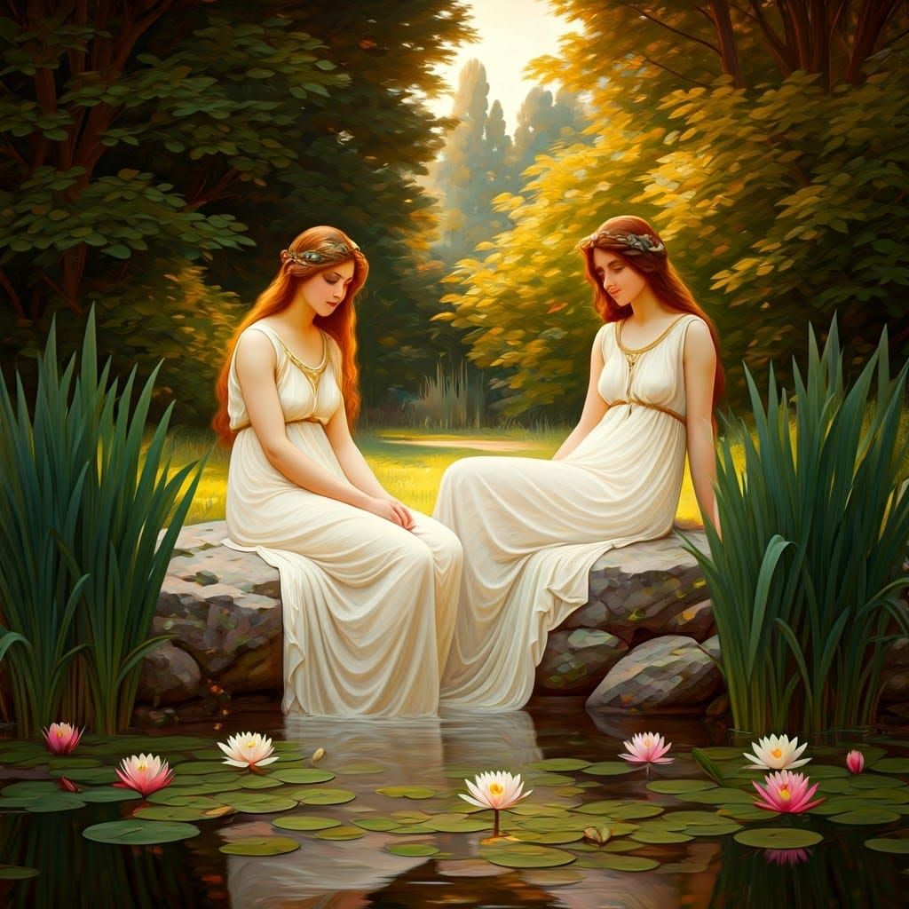 Nymphs at Pond's Edge in Dreamy Pre-Raphaelite Style
