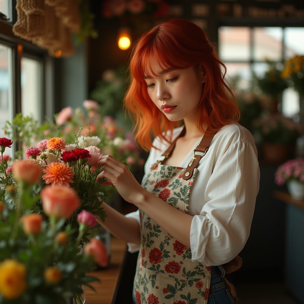 Red-Haired Florist Arranging Flowers in Cozy Shop
