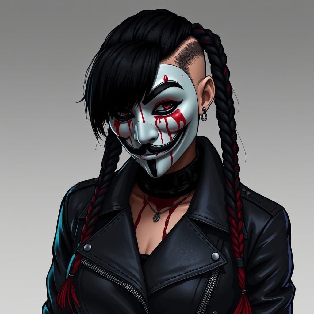 Stealthy Female Rebel in Leather Jacket and Bloodstained Mas...