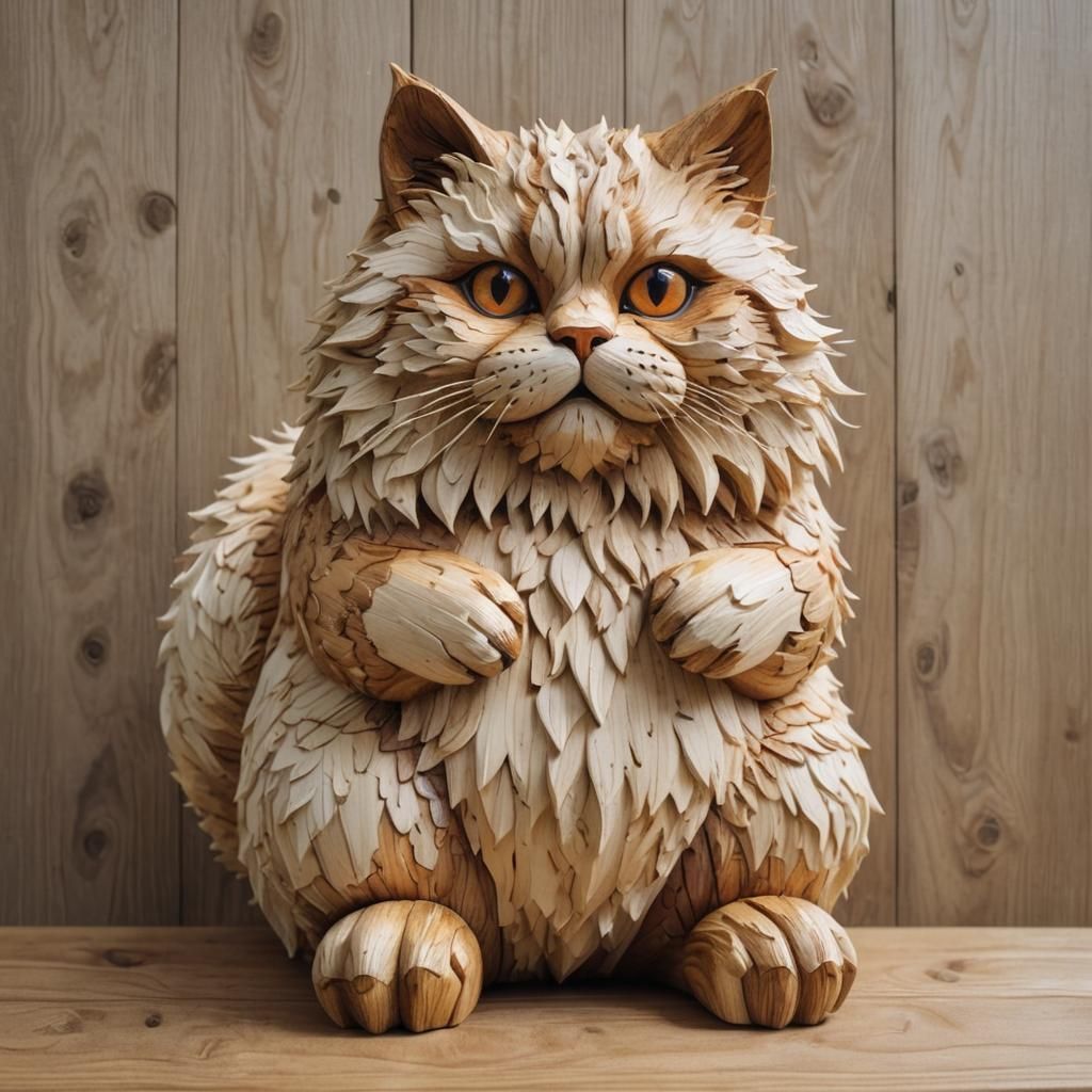 wooden fluffy fat furry cat made of wood paws; attitude char...