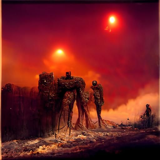 Post-Apocalyptic Cyborgs in Red Fog Oil Painting
