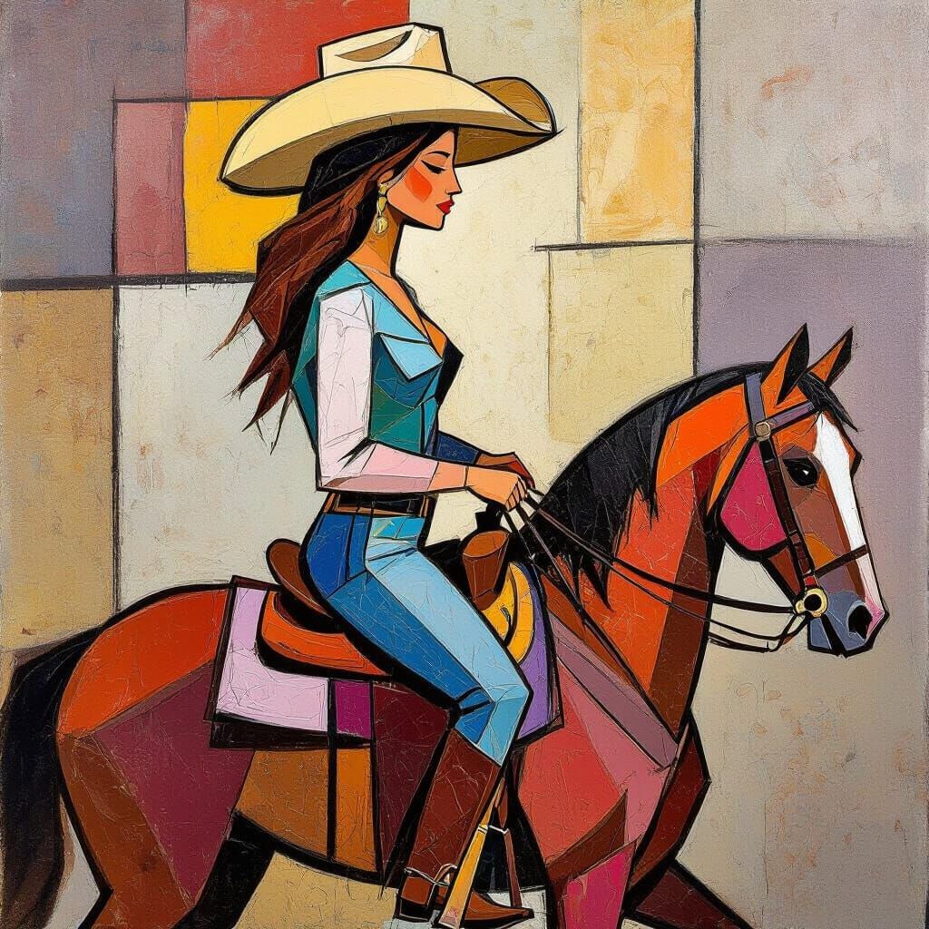 Cowgirl Riding Horse in Picasso-esque Style