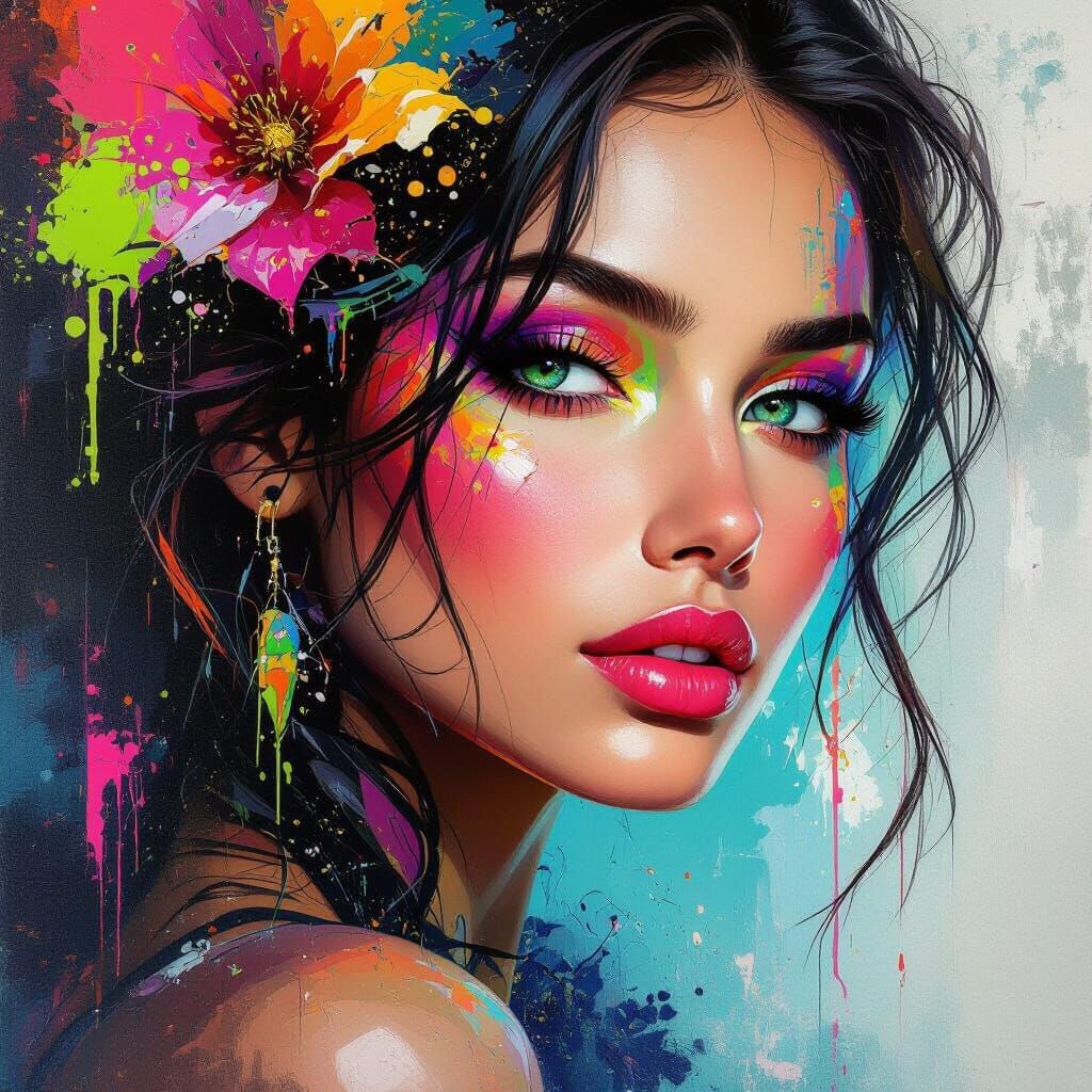 Vibrant Neon Splash Art Painting with Textured Colors