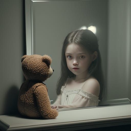 Girl Hugs Teddy Bear Before Sinister Mirror Reflection