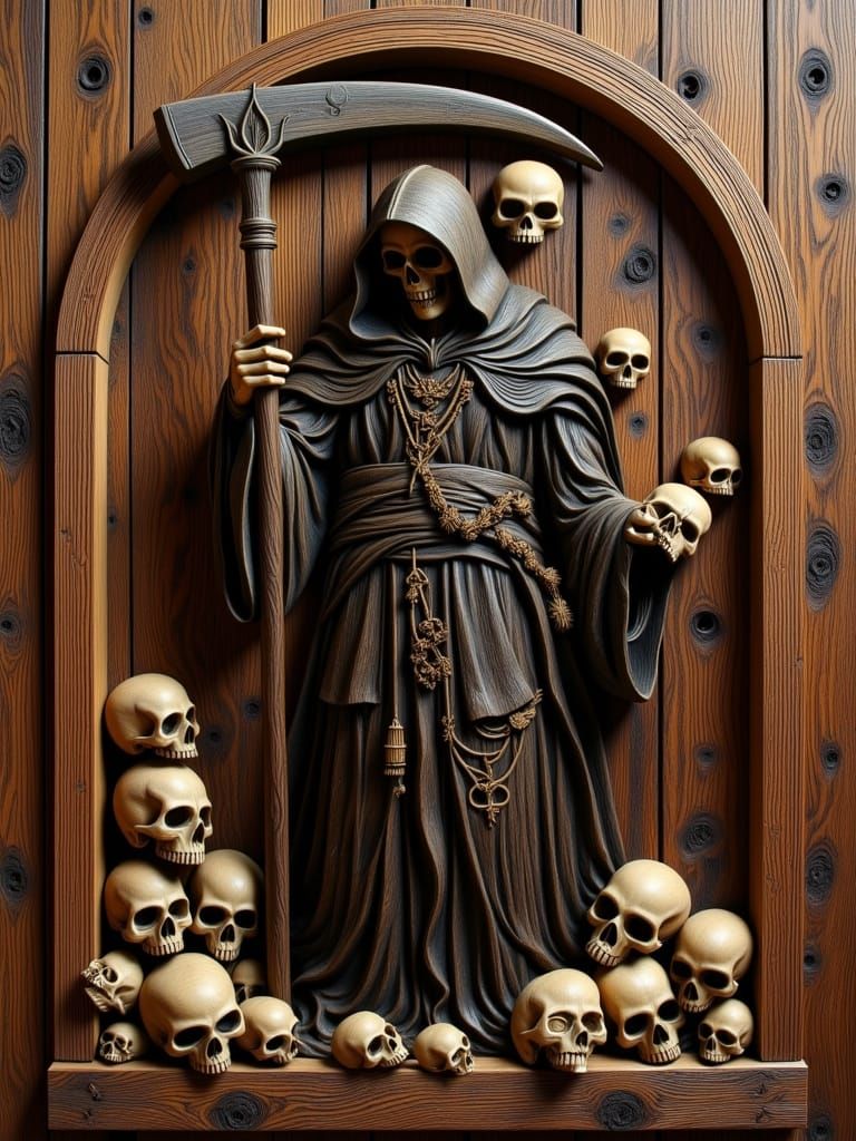 Detailed Wood Carving of Grim Reaper in Gothic Horror Style