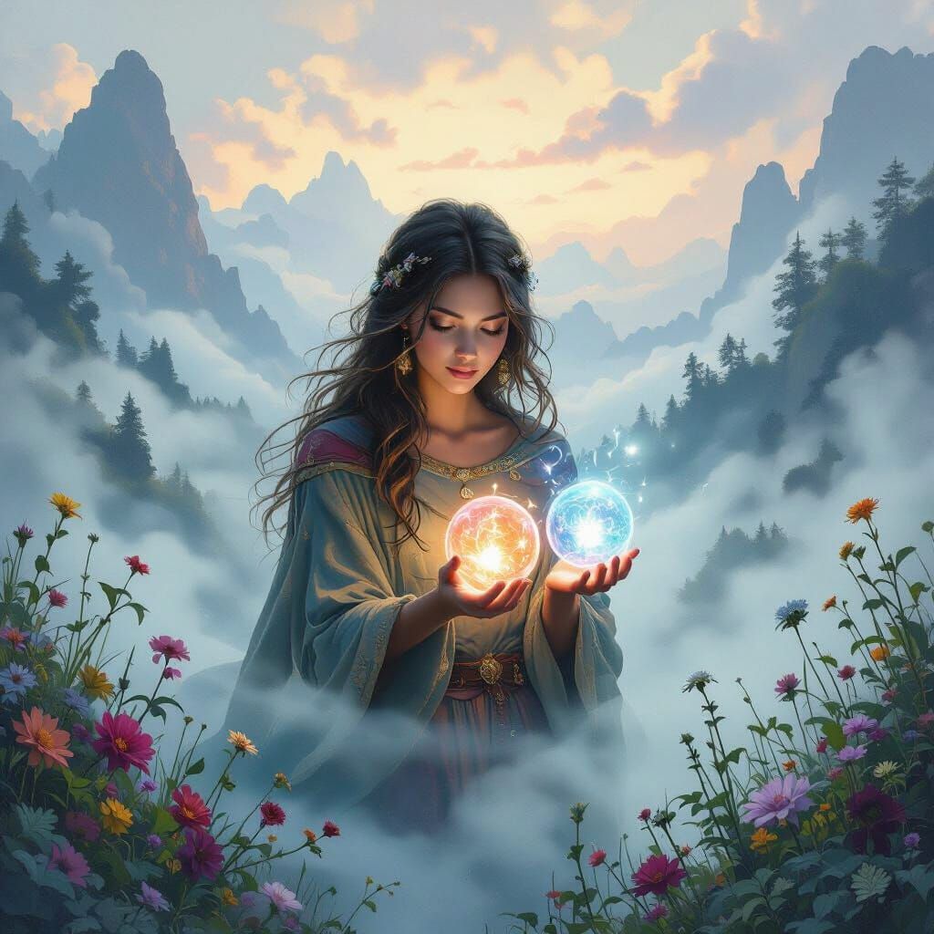 Ethereal Woman with Magical Orbs in Dreamscape