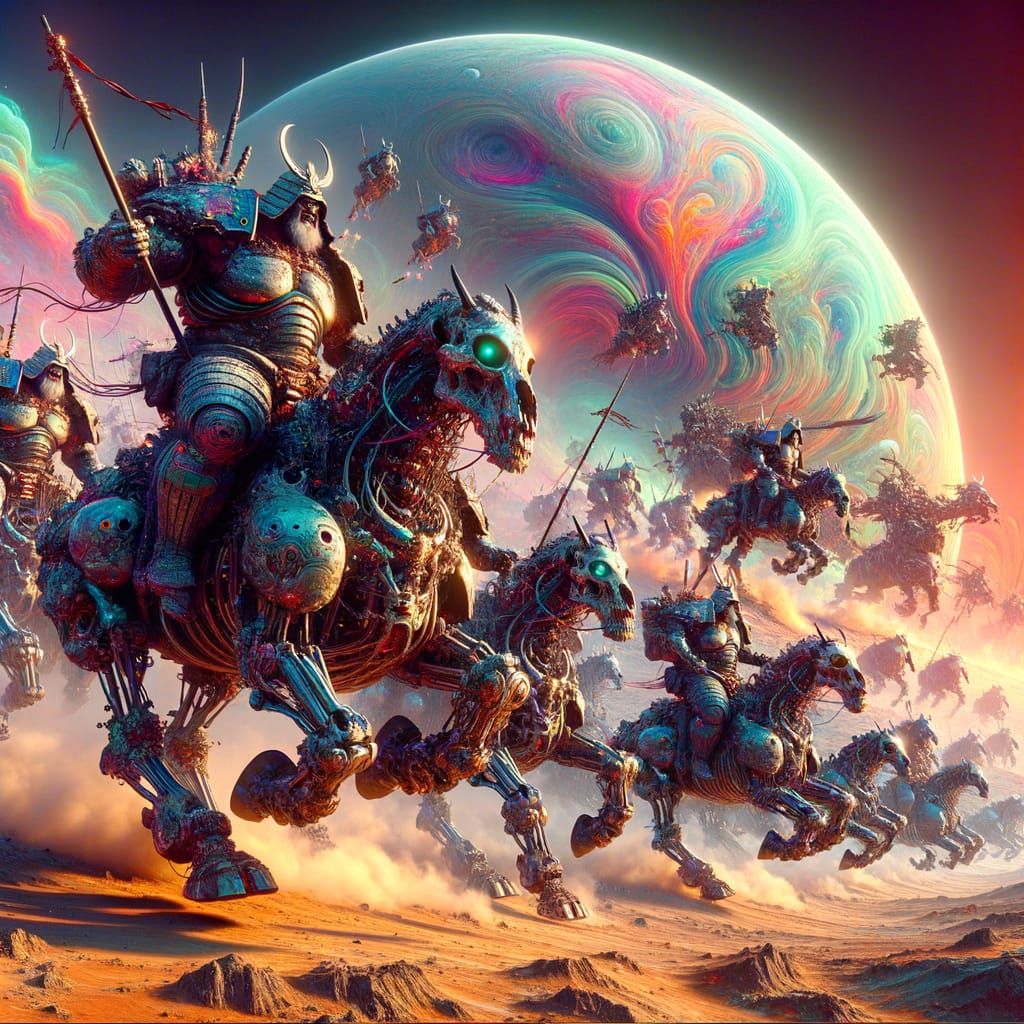 Vibrant Samurai Riders on Warped Alien Planet