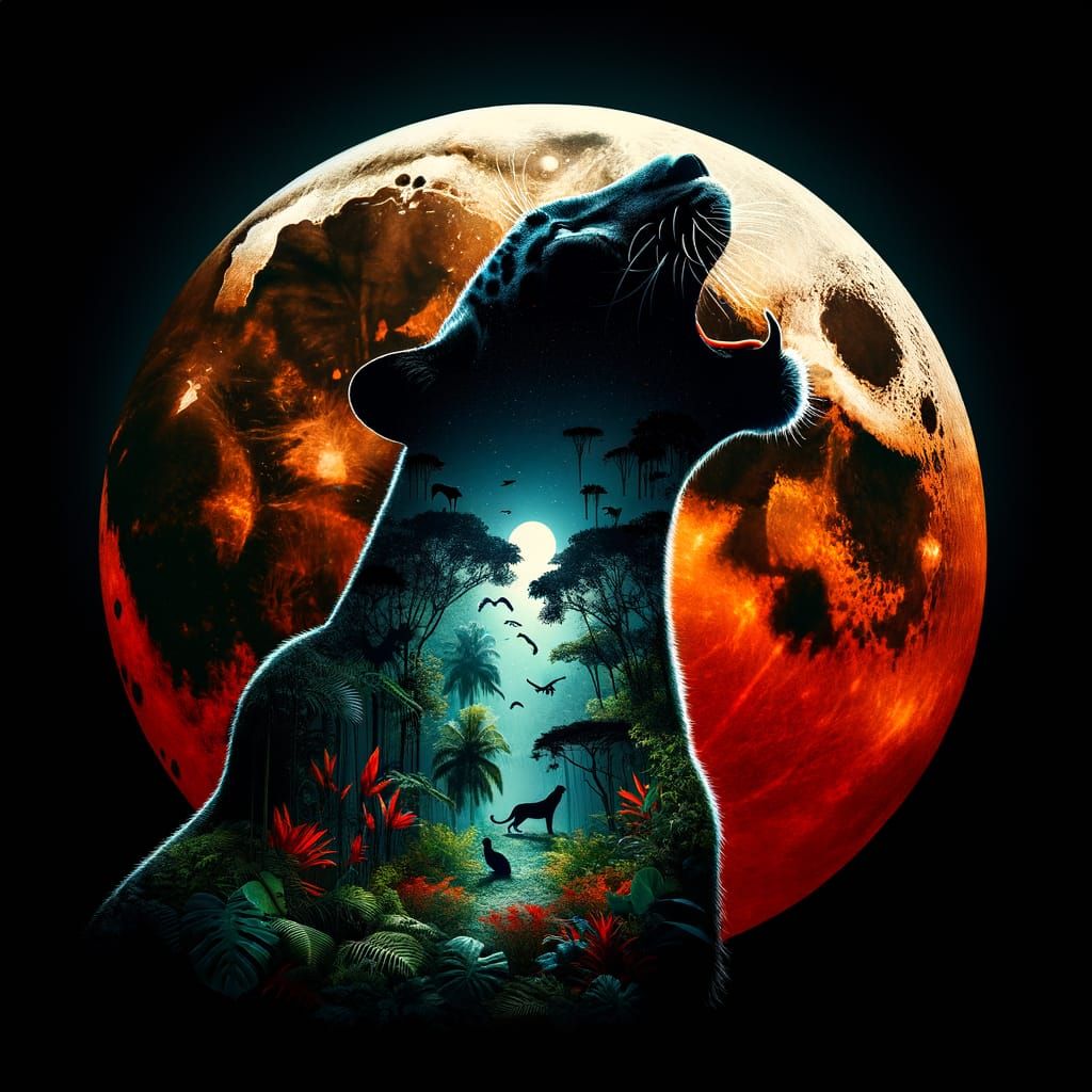 Panther Howling at Blood Moon in HDR