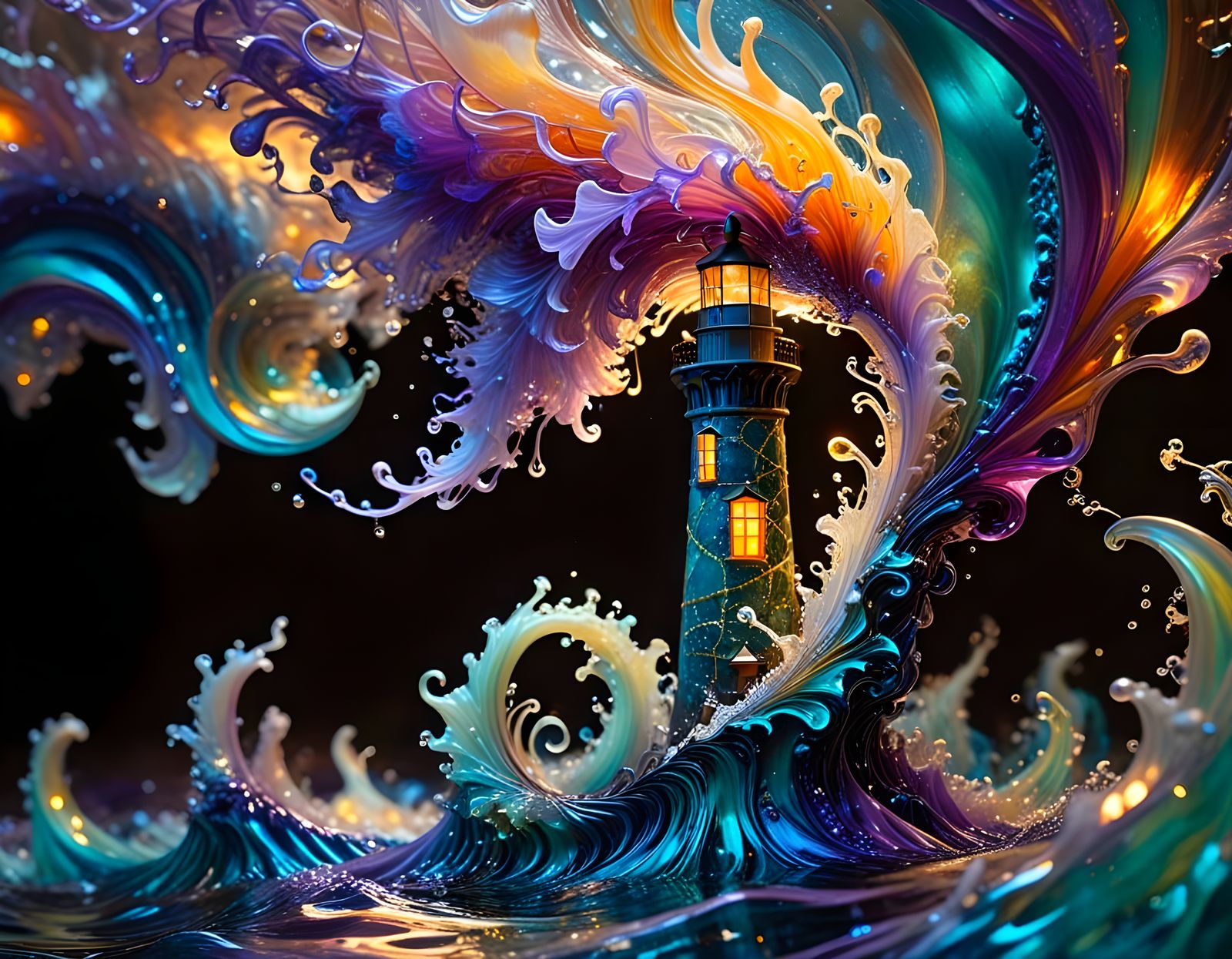 Luminous Lighthouse Amidst Shimmering Stormy Waves