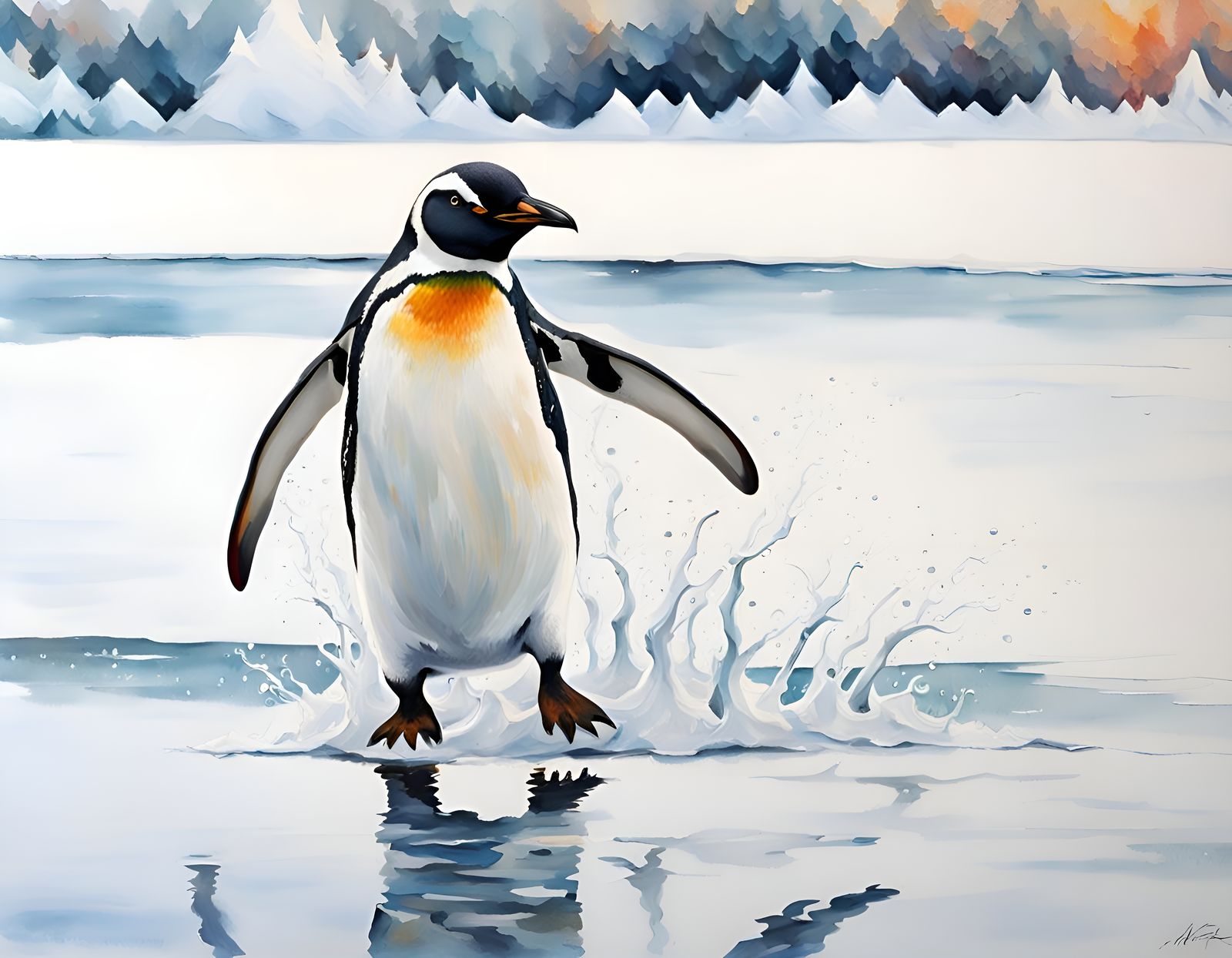 Penguin Skating on Frozen Lake in Impasto Style