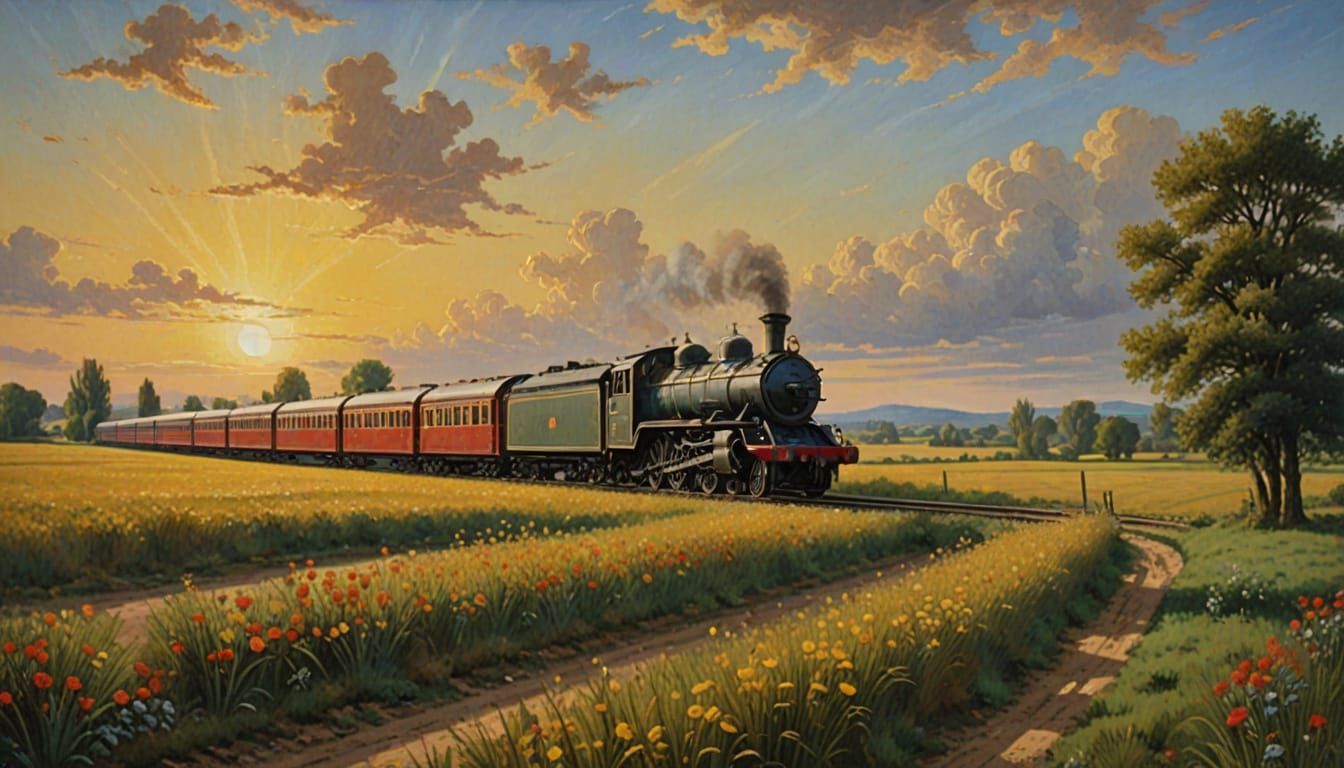 Renaissance Painting of Modern Train at Sunset