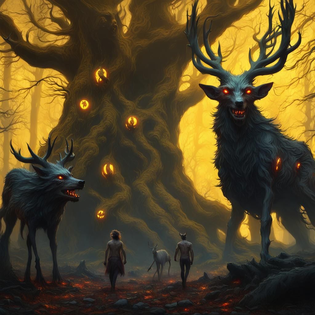 Evil Forest with Skinwalkers: Dark Fantasy Concept Art
