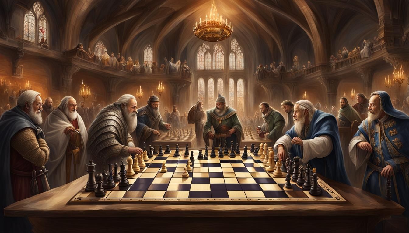 Intense Chess Battle in Medieval Hall