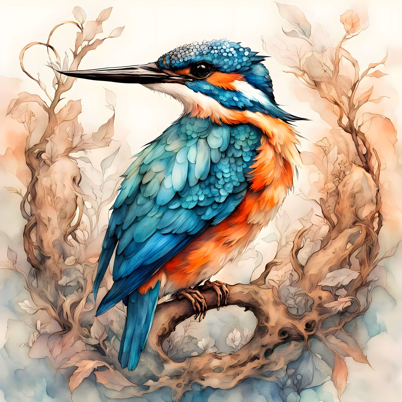 Kingfisher in Lush Valley: Ink and Watercolor Art