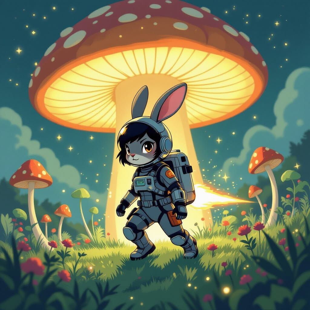 Astronaut Rabbit Explores Giant Glowing Mushroom World