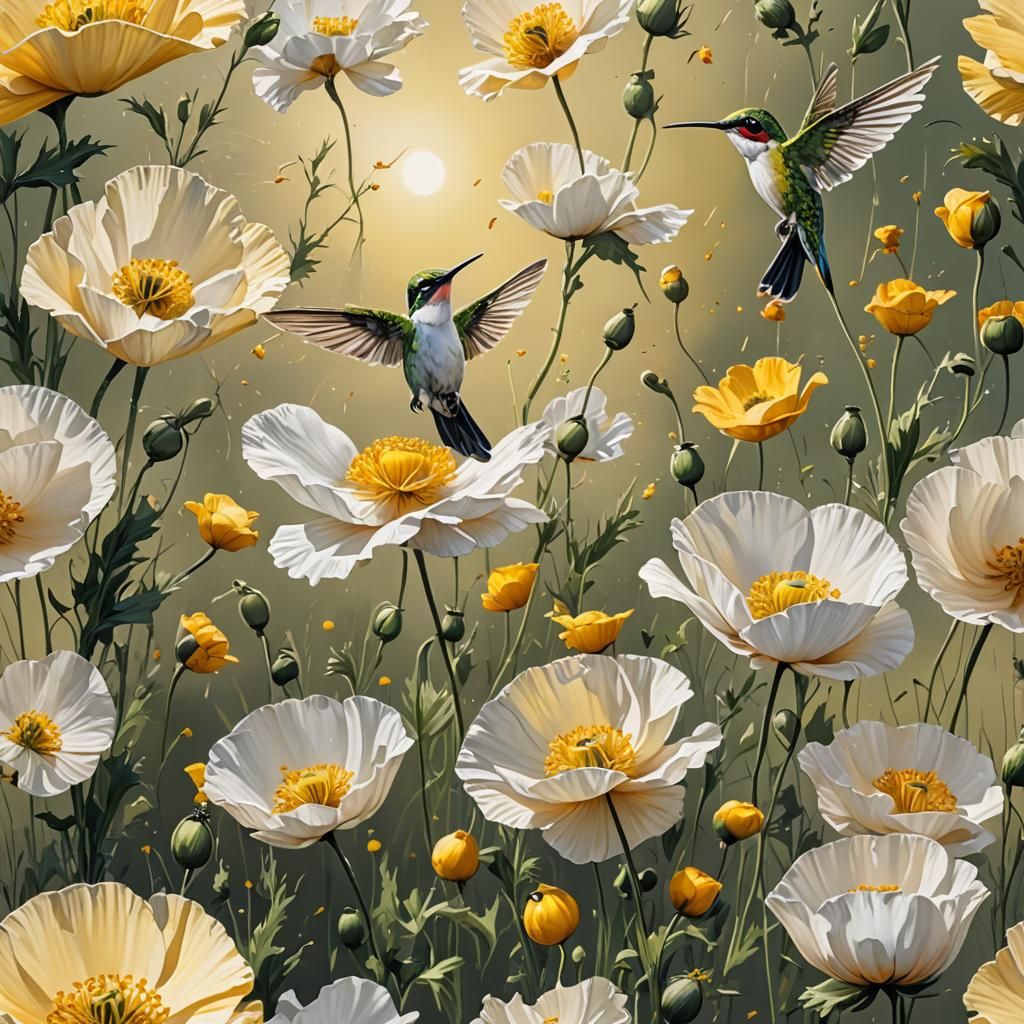 Hyperrealistic Hummingbird with Poppies Splash Art