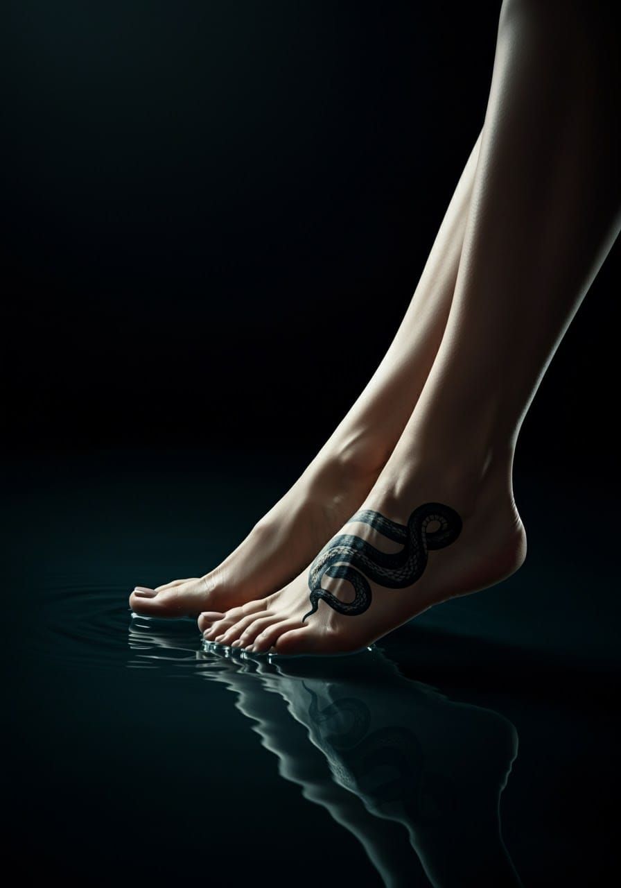 Exquisite Female Feet with Serpentine Tattoo in Cinematic St...
