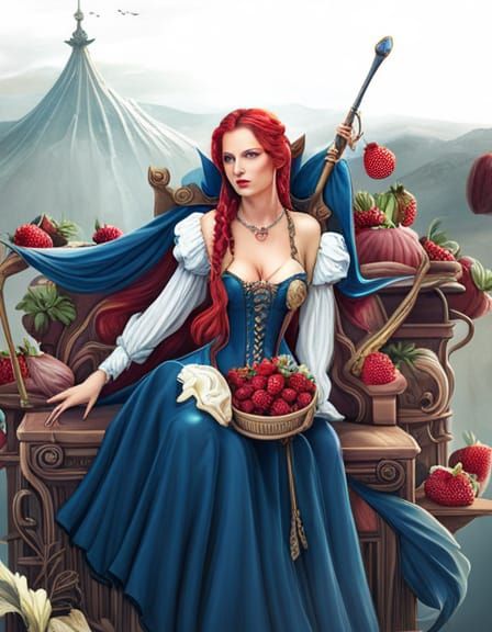 Strawberry Queen on Throne: Detailed Fantasy Art