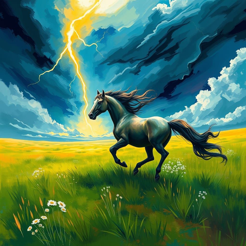 Galloping Stallion in a Turbulent Meadow Landscape