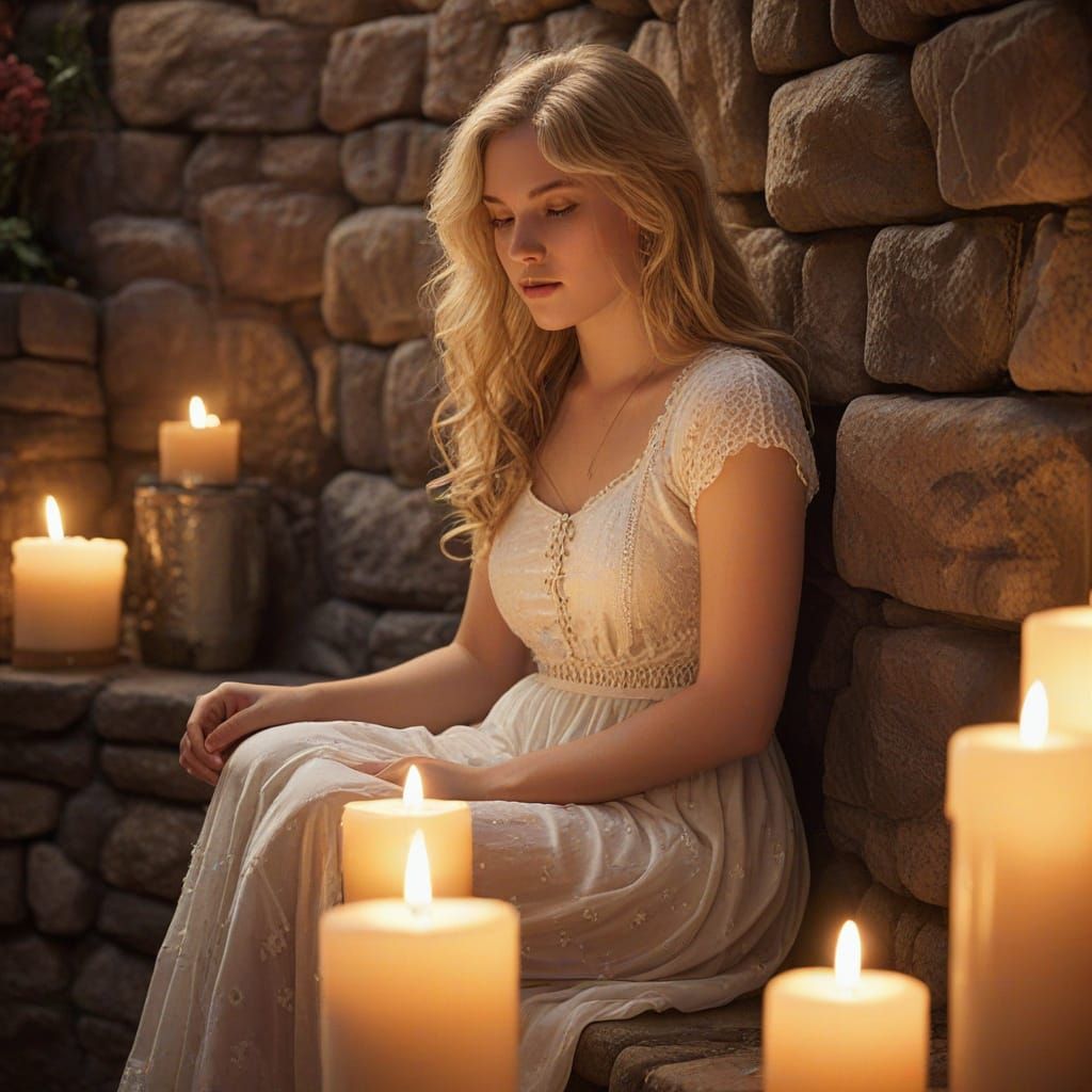 Blond Woman in Dark Basement by Candlelight, Fantasy Art