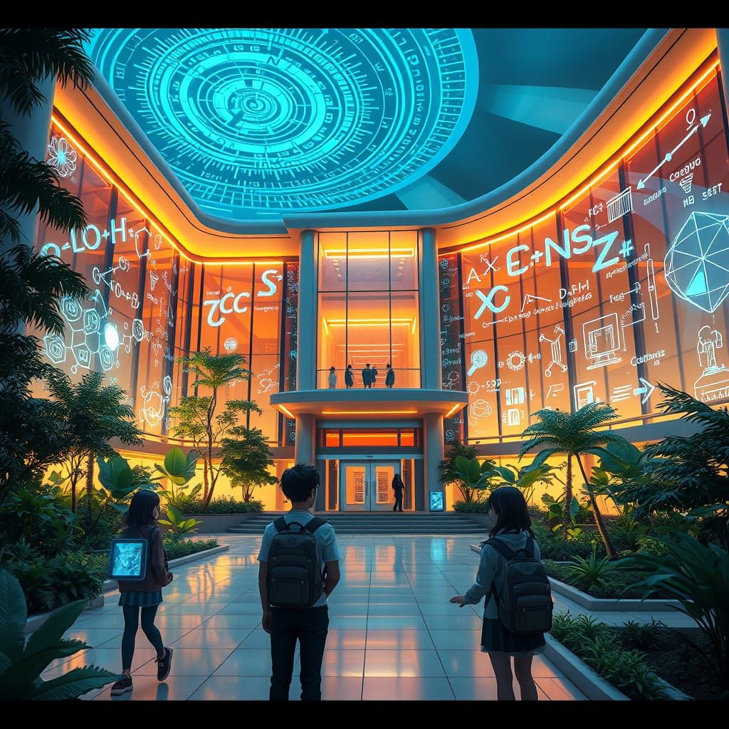 Sleek Futuristic School with Holographic Projections and Neo...