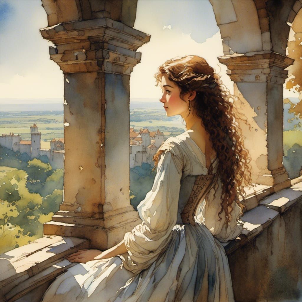 Dreamy Young Woman Gazing From Castle Window