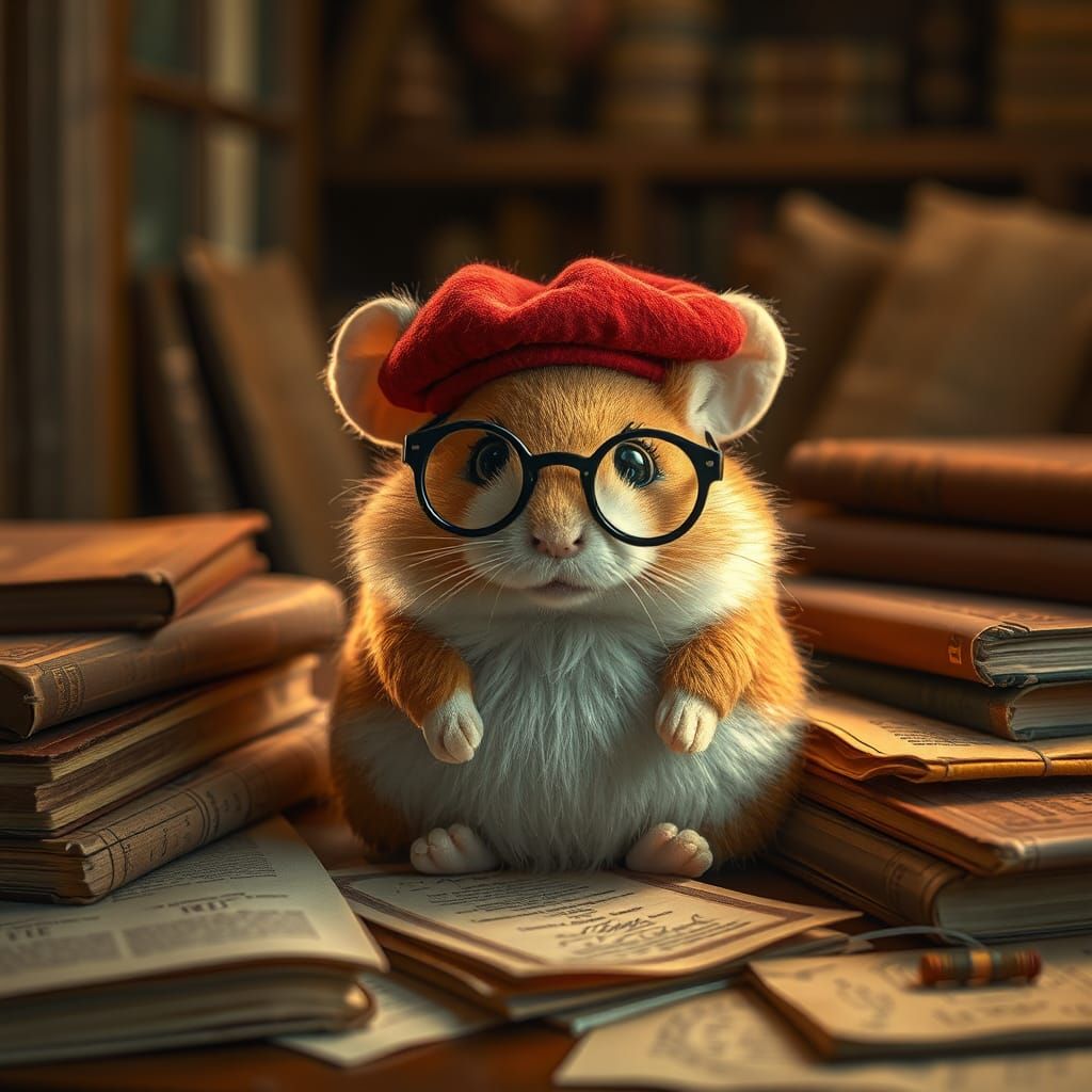 Whimsical Hamster Plush Toy in French Cafe Setting