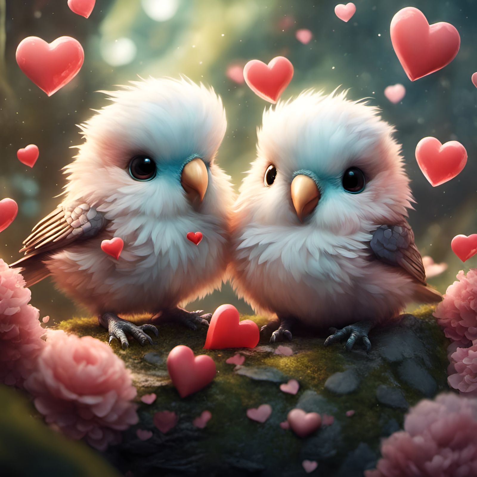 Chibi Lovebirds in a Lush Garden