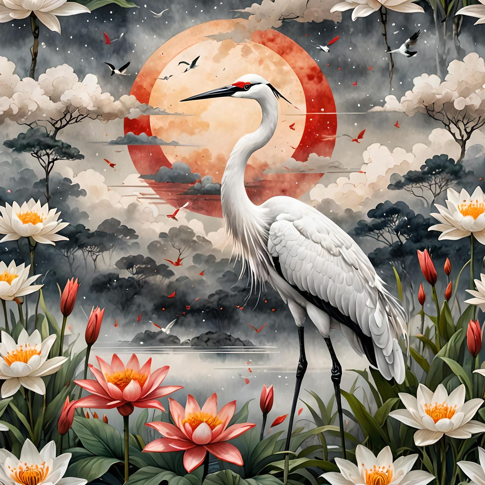 Elegant White Crane and Lilies in Chinese Ink