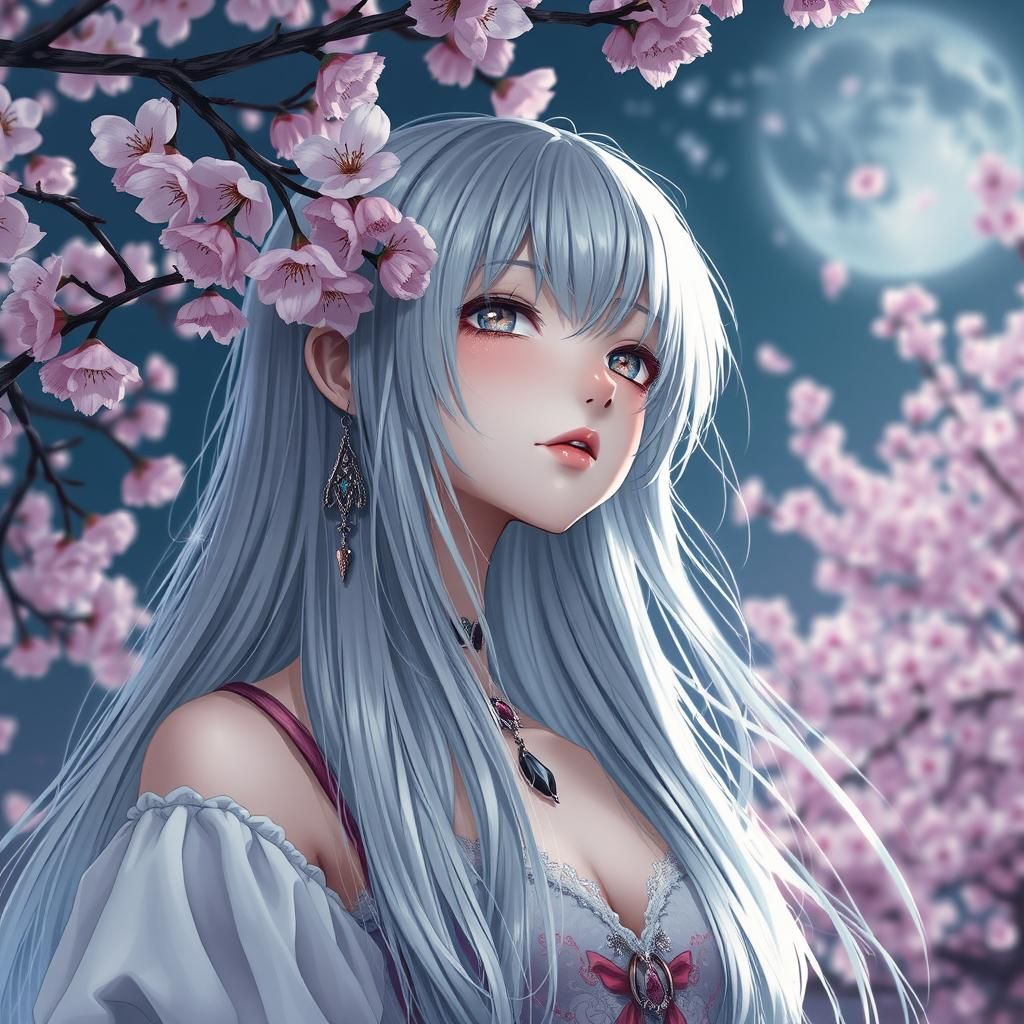 Silver-Haired Vampire Girl Under Cherry Blossoms