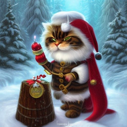 Yule Cat in Snow, Mark Ryden Style