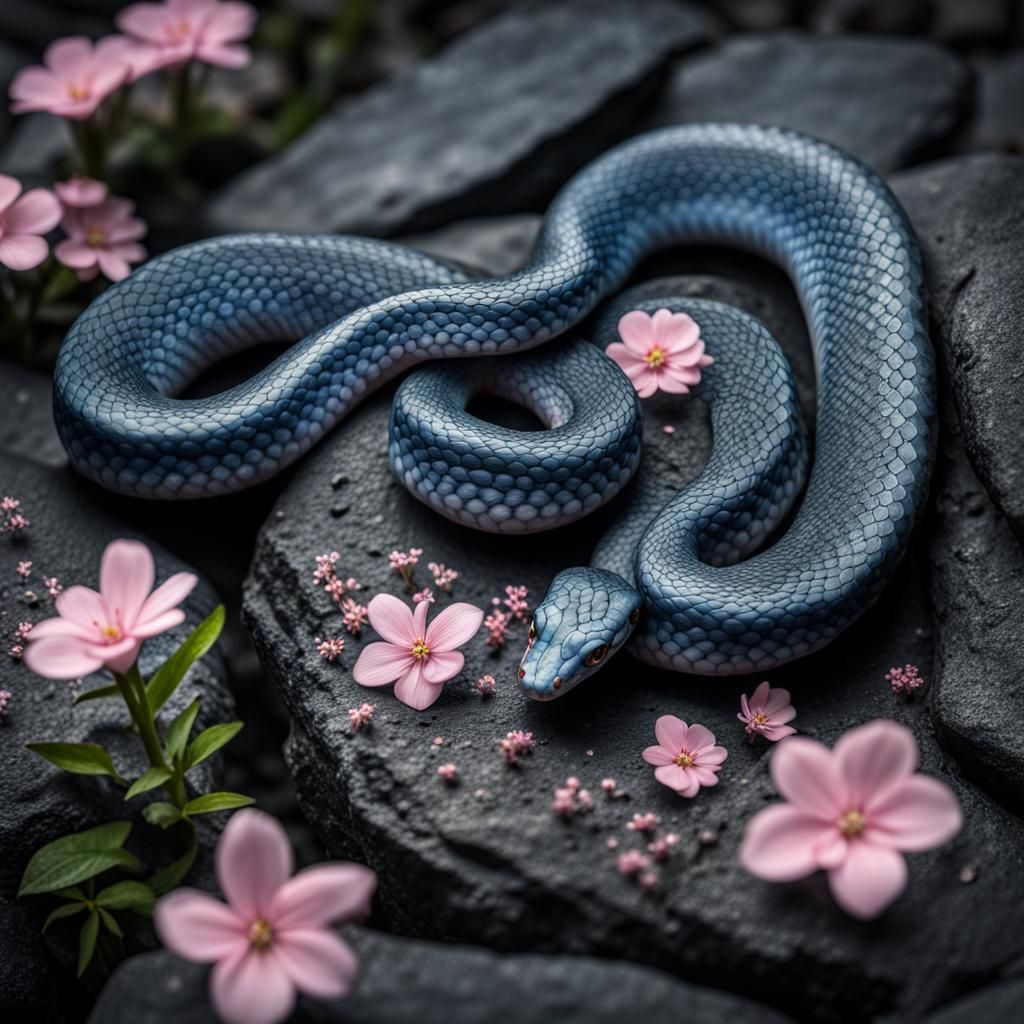Blue Viper Snake on Black Rock with Pink Flowers