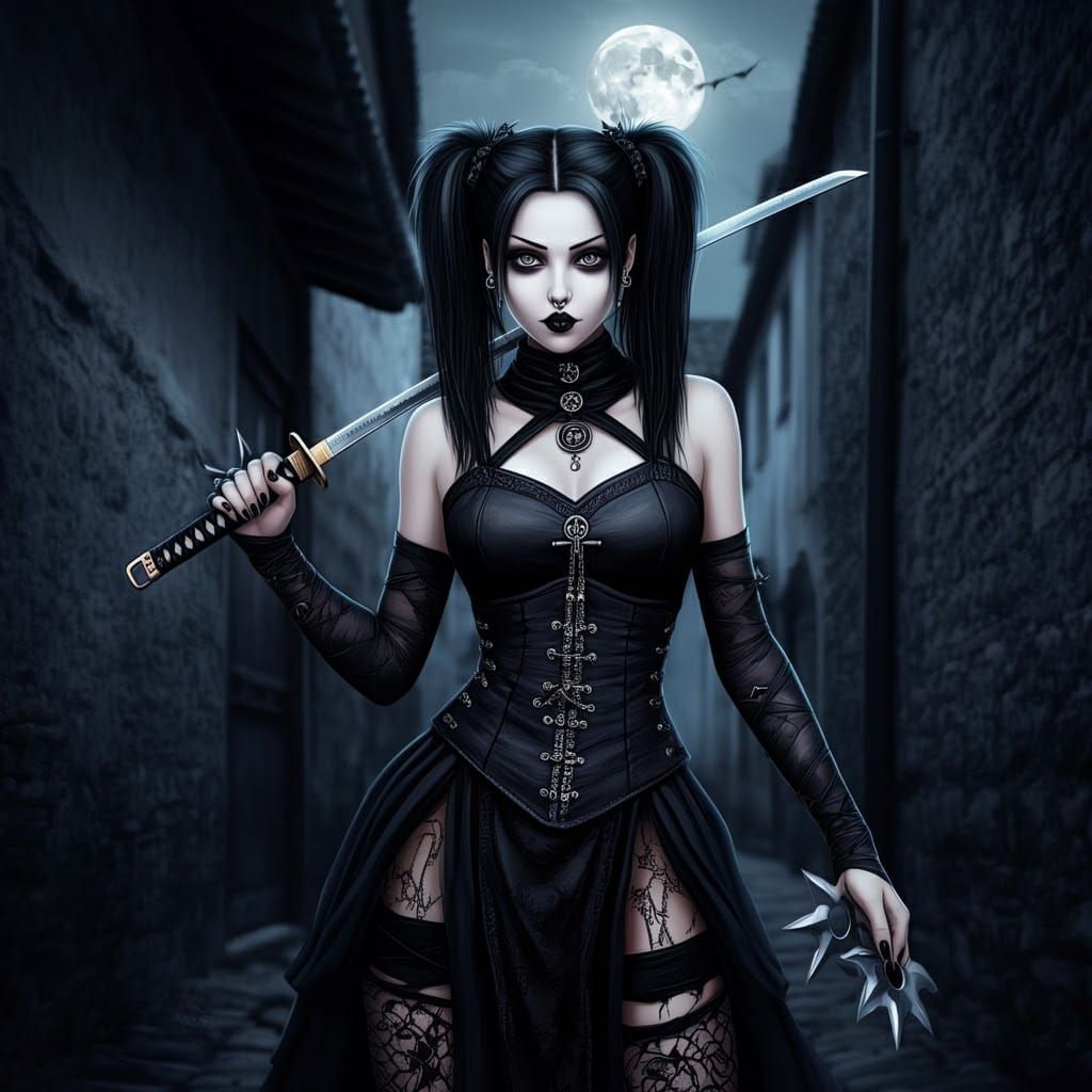 Gothic Ninja Character with Sword and Shuriken