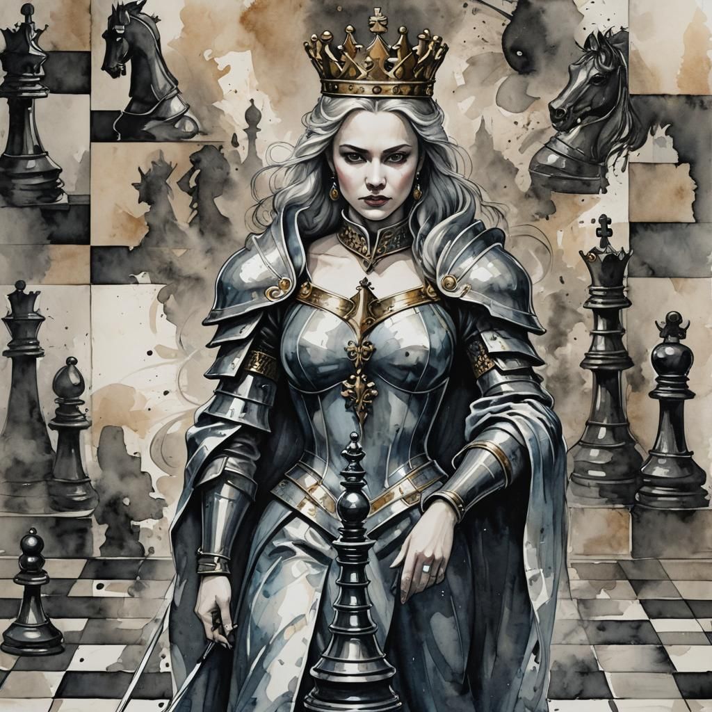 Chess Queen's Spirit: Watercolor and Ink Drawing