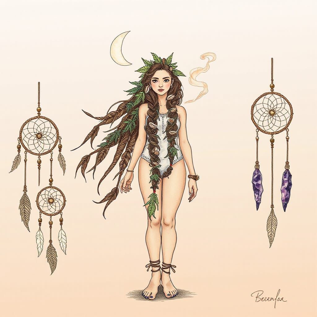 Mystical Woman with Cannabis and Dreamcatchers