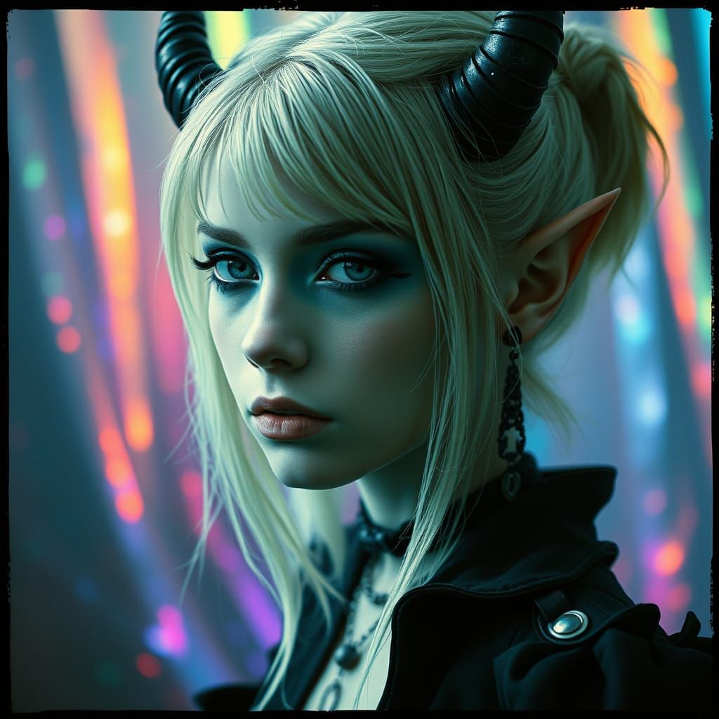 Ethereal Gothic Punk Elven Portrait in Vibrant, Distressed S...