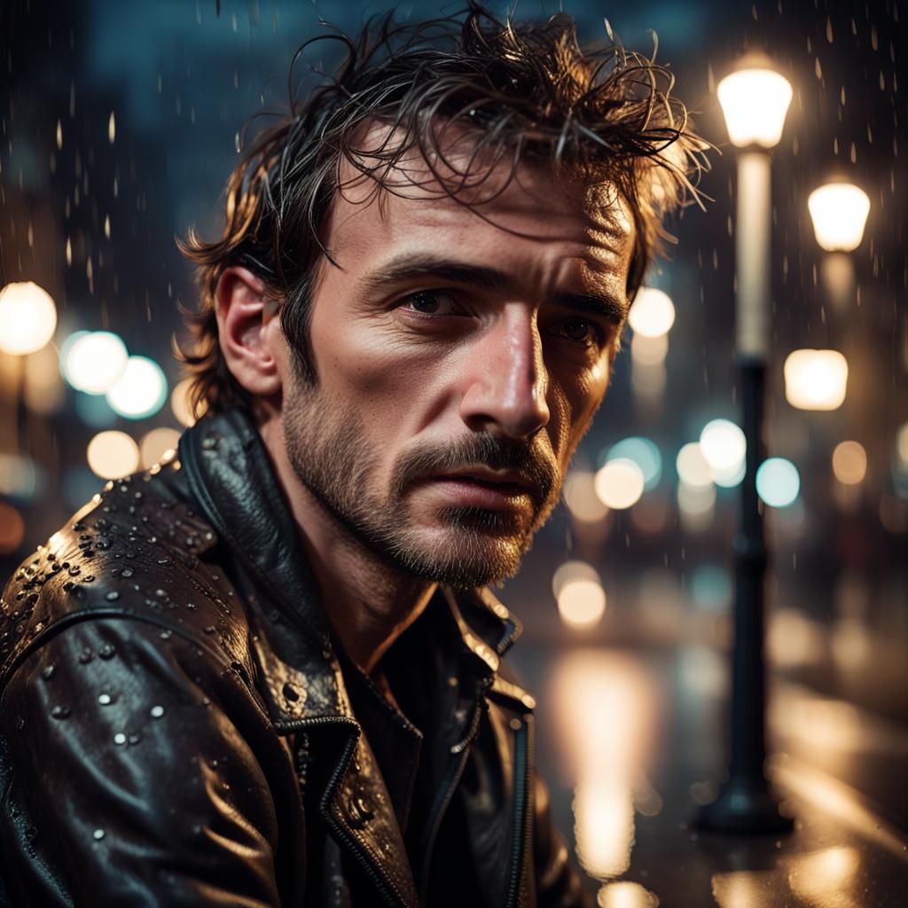 Hyper-Realistic Portrait of a Man on a Rainy Street