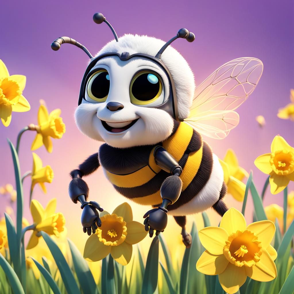 Happy Bee Smelling Daffodils: Pixar-Style 3D Render