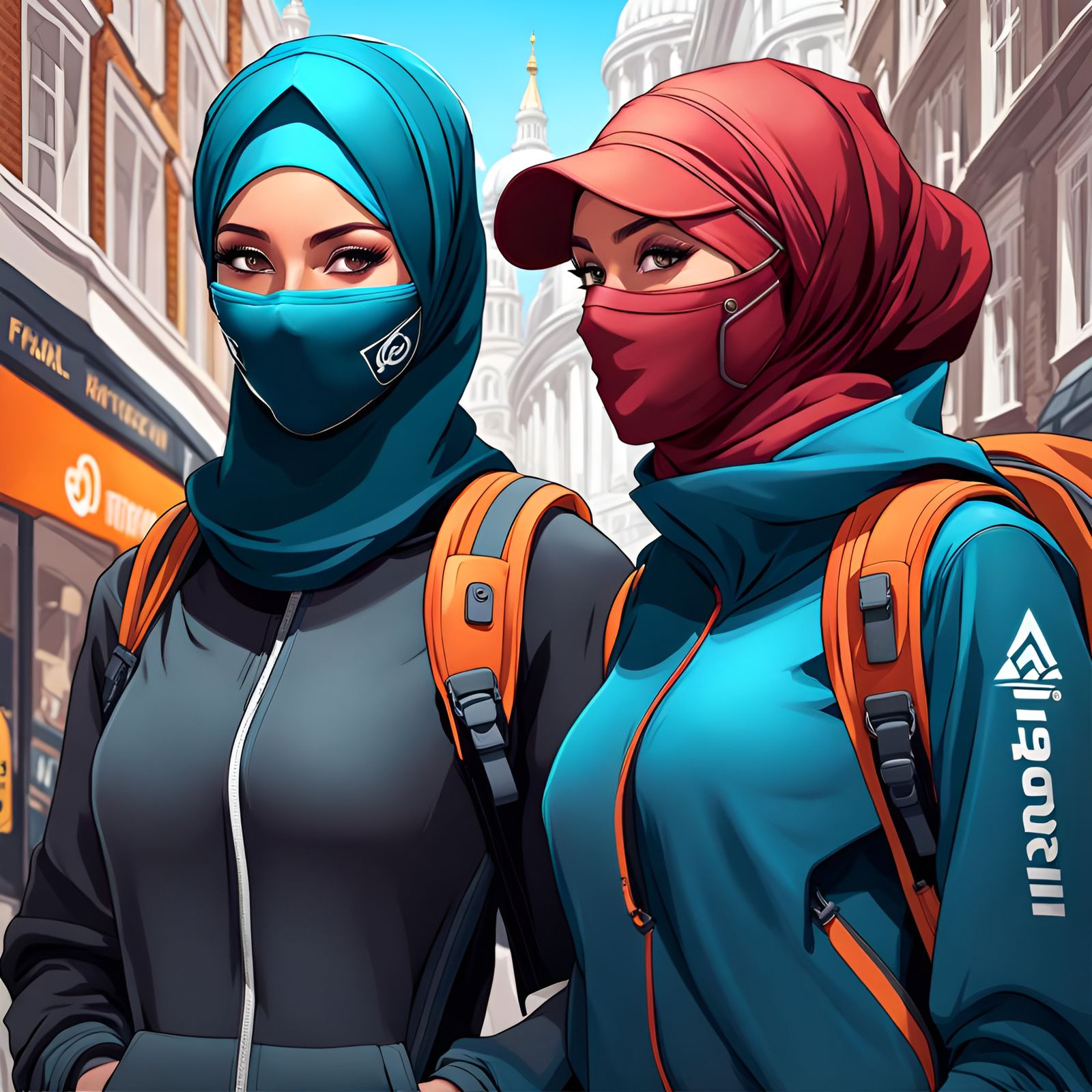 Hijabi Women Hiking in London: Digital Art Portrait