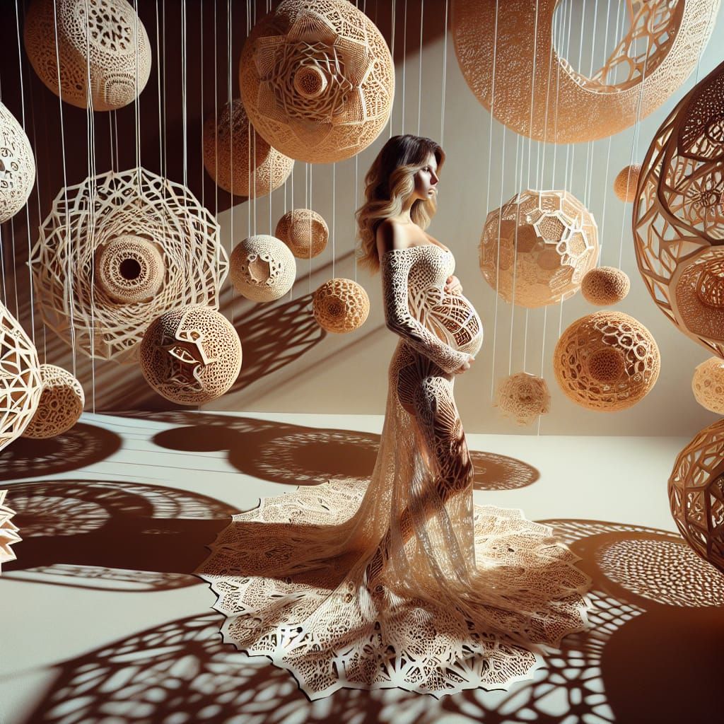 Pregnant Model in Filigree Dress: Post-Modern Art Installati...