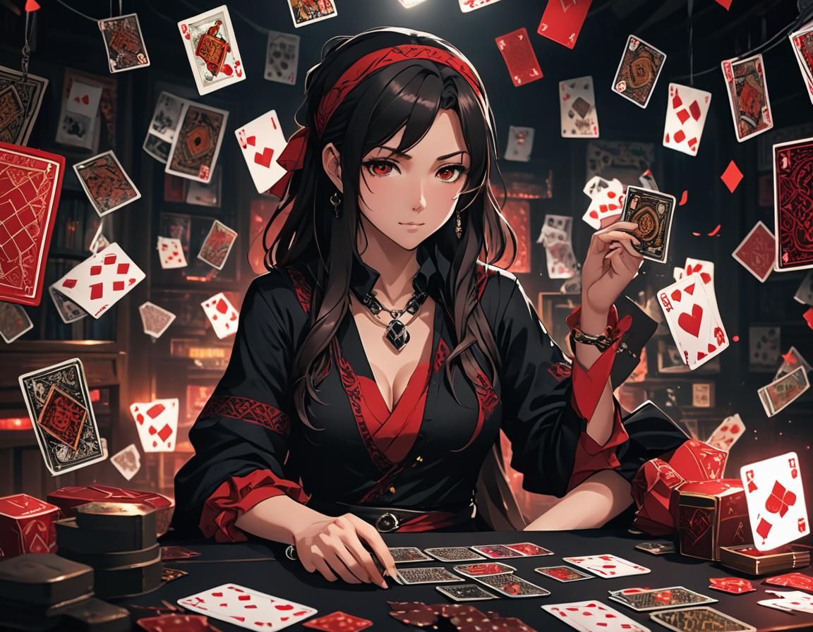 Anime Woman with Playing Cards in Cel-Shaded Style