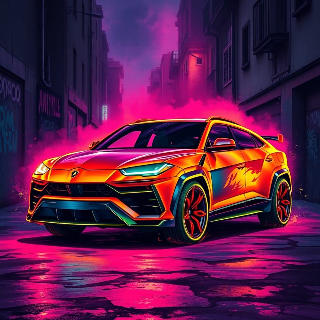 Neon Lamborghini Urus in Graffiti Street Art Style
