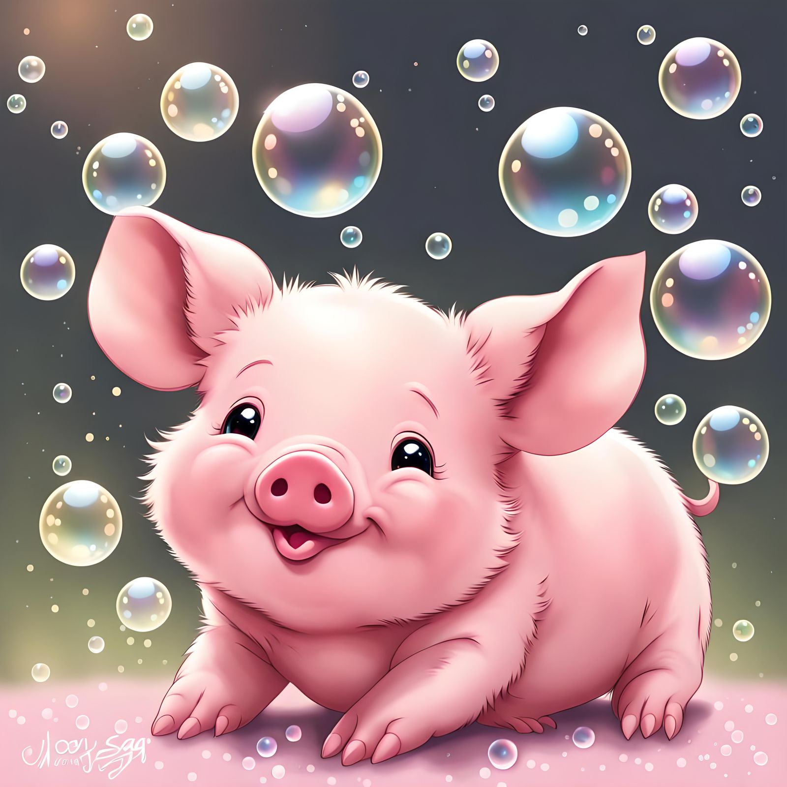 Adorable Furry Piglet Surrounded by Bubbles