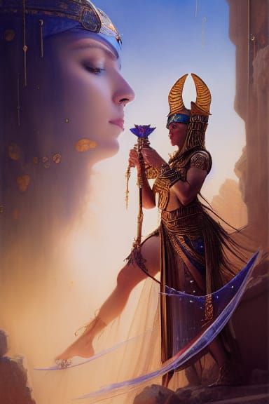 Armored Egyptian Moon Priestess in Visionary Art Style