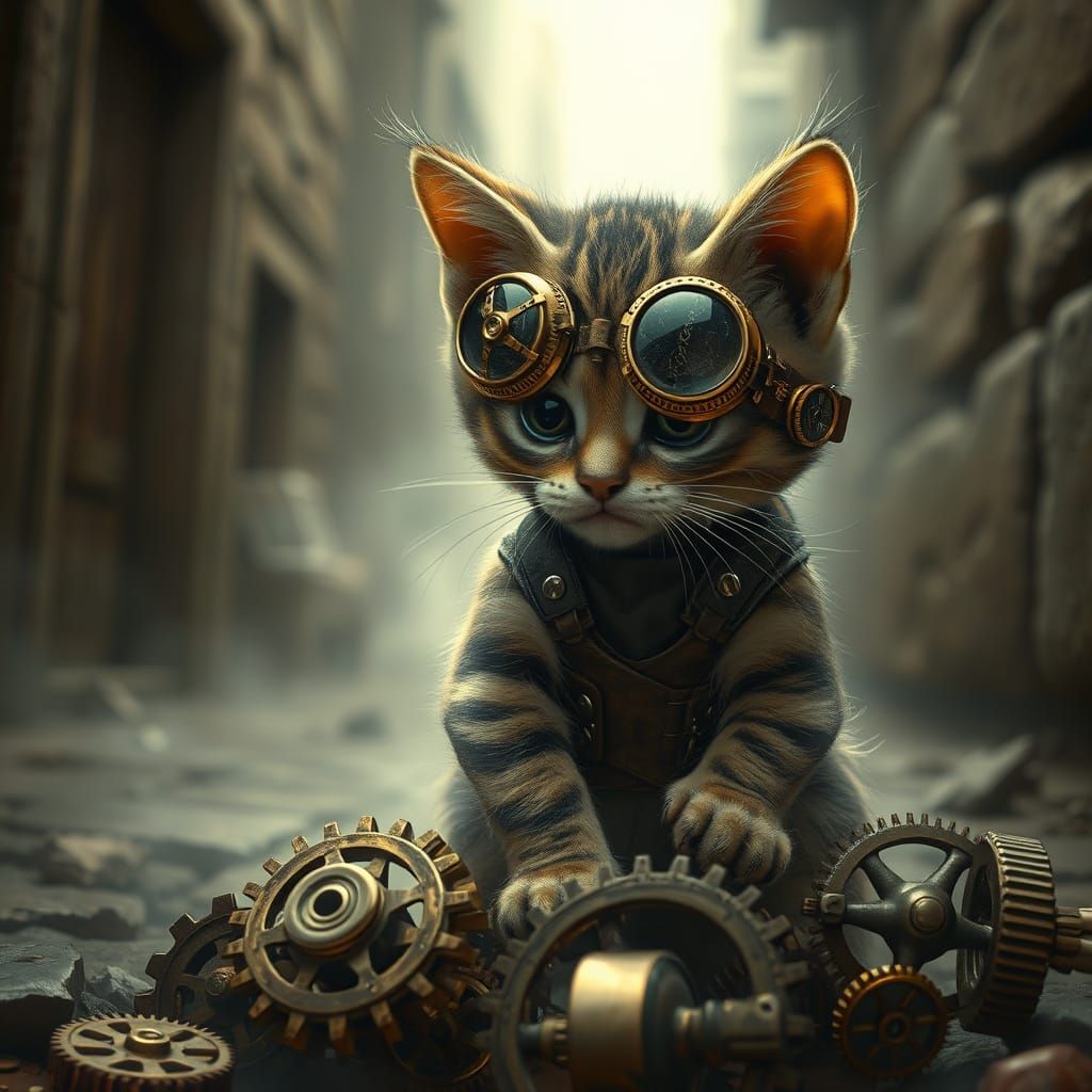 Steampunk Kitten Playing with Gears in Victorian Alleyway