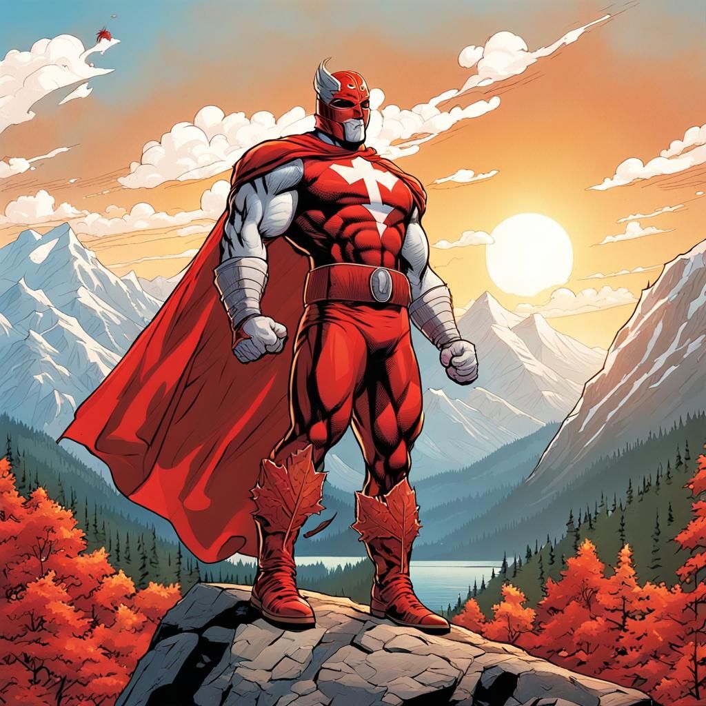 Muscular Canadian Superhero Flexing in Wilderness