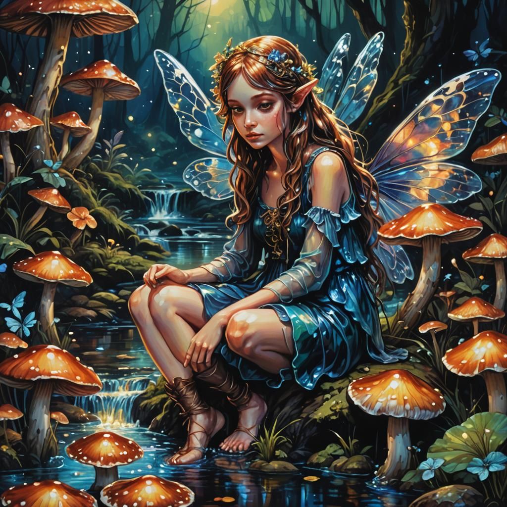 Fairy on Mushroom in Acrylic Pouring Style